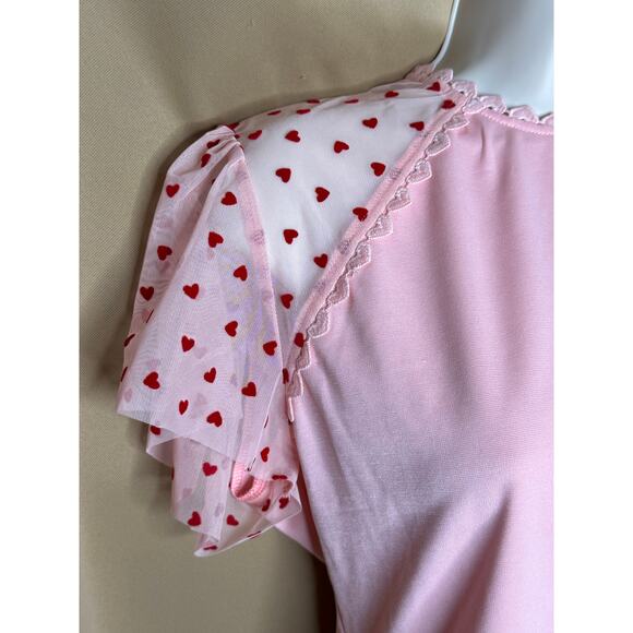 Unique Vintage Pink and Red Hearts Mesh Flutter Sleeve Blouse M 6 8 NWOT - Picture 4 of 6